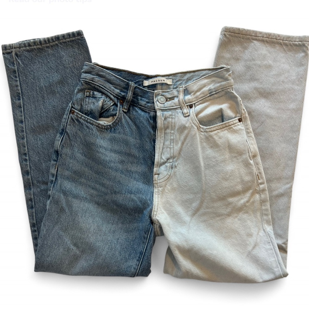 Two Tone High Rise Straight Leg Jeans